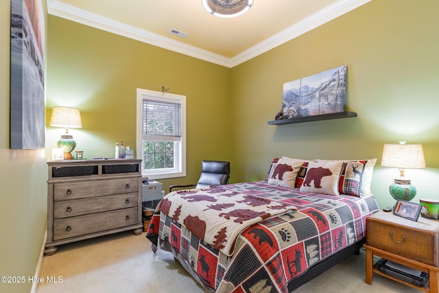 carpeted bedroom featuring crown molding