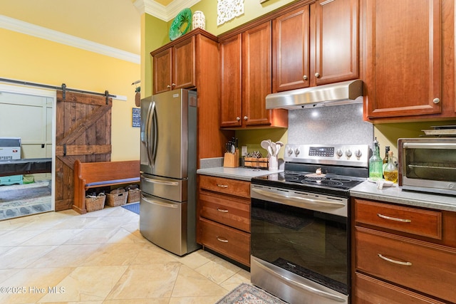 kitchen with backsplash, light tile patterned floors, stainless steel appliances, crown molding, and a barn door