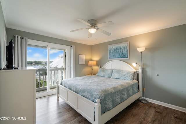 bedroom featuring dark wood-type flooring, access to outside, ornamental molding, and ceiling fan