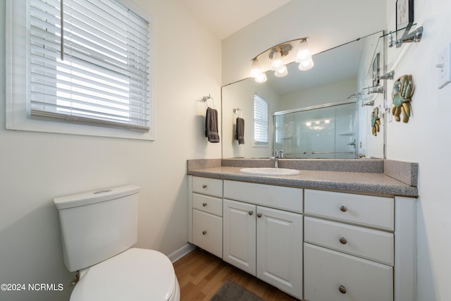 bathroom featuring plenty of natural light, wood-type flooring, vanity, and a shower with shower door