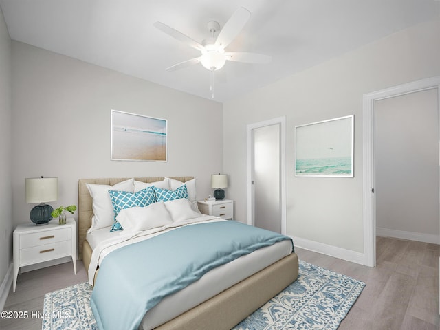 bedroom with ceiling fan and light wood-type flooring