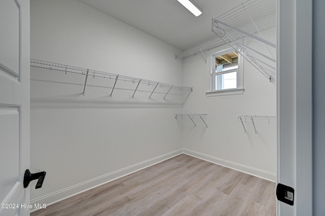 walk in closet featuring lofted ceiling and light hardwood / wood-style floors