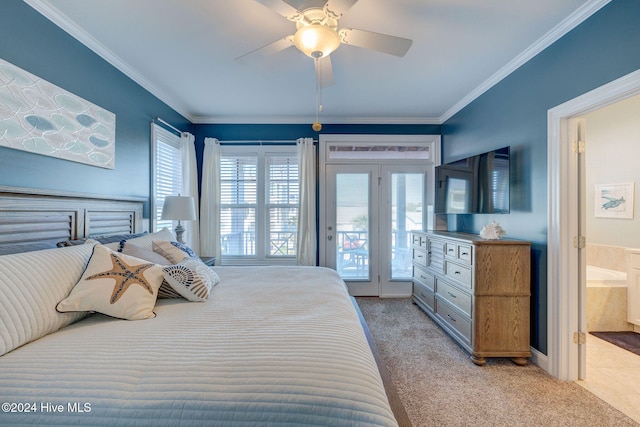 bedroom featuring ensuite bath, ornamental molding, ceiling fan, access to exterior, and light colored carpet