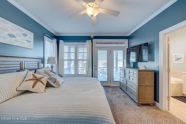 230 Third Ave Unit A, Kure Beach, NC 28449 - bedroom featuring access to exterior, light colored carpet, multiple windows, and crown molding