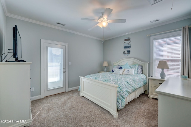 bedroom featuring access to outside, ceiling fan, ornamental molding, and light colored carpet