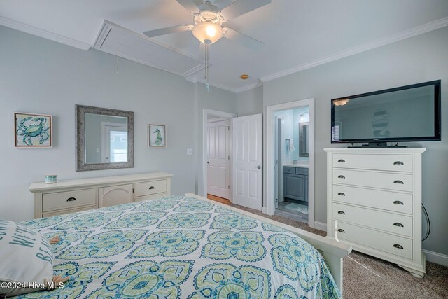 230 Third Ave Unit A, Kure Beach, NC 28449 - bedroom featuring attic access, ornamental molding, carpet floors, ensuite bath, and ceiling fan