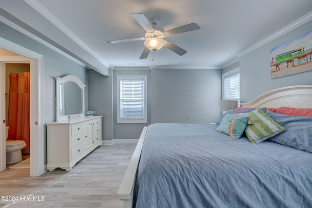 bedroom featuring ornamental molding, light hardwood / wood-style flooring, multiple windows, and ceiling fan