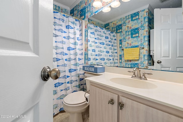 bathroom featuring toilet, vanity, a textured ceiling, and crown molding