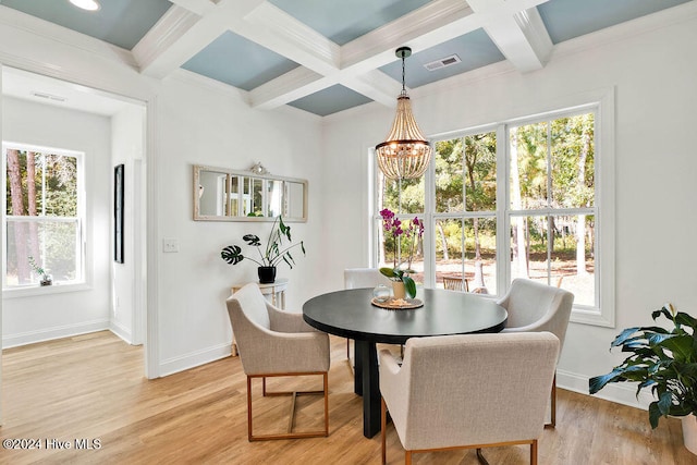 dining space with plenty of natural light, light wood-type flooring, and coffered ceiling