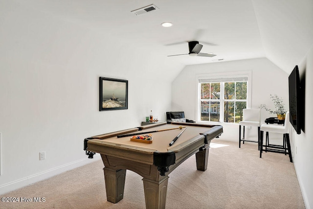 recreation room with ceiling fan, light carpet, pool table, and vaulted ceiling