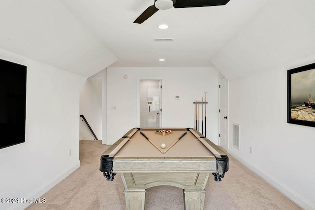 game room featuring ceiling fan, light colored carpet, lofted ceiling, and billiards