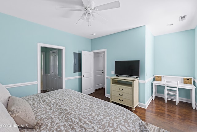 bedroom with electric panel, dark hardwood / wood-style flooring, ceiling fan, and a closet