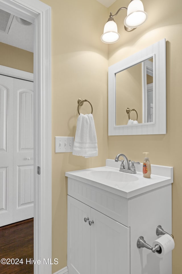 bathroom with vanity and wood-type flooring