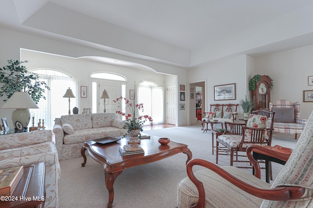 living room featuring light colored carpet