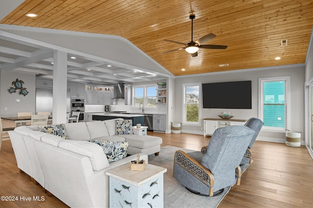 living room featuring wood ceiling, vaulted ceiling, sink, ceiling fan, and light hardwood / wood-style flooring