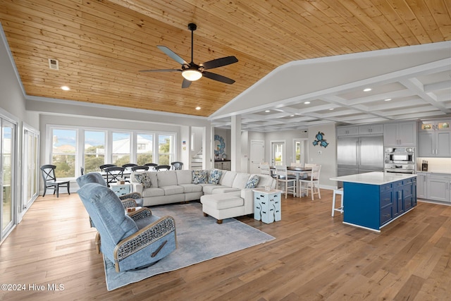 living room featuring wooden ceiling, light hardwood / wood-style floors, ceiling fan, coffered ceiling, and lofted ceiling with beams