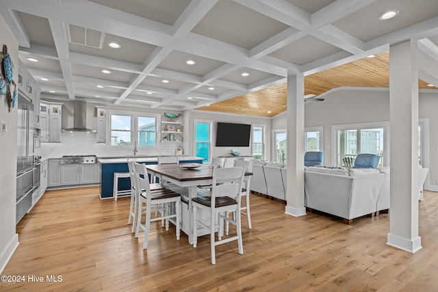 dining area featuring beamed ceiling, sink, light hardwood / wood-style flooring, and coffered ceiling