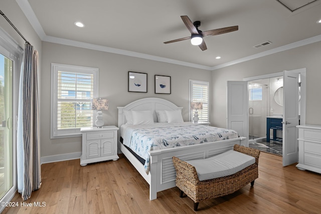 bedroom featuring ornamental molding, ceiling fan, and light hardwood / wood-style flooring