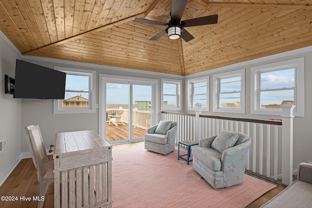 sunroom / solarium featuring plenty of natural light, ceiling fan, vaulted ceiling, and wood ceiling