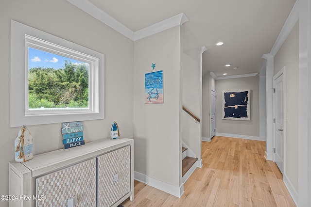 corridor with light hardwood / wood-style floors and crown molding