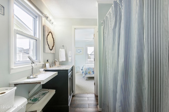 bathroom with hardwood / wood-style floors, plenty of natural light, vanity, and crown molding