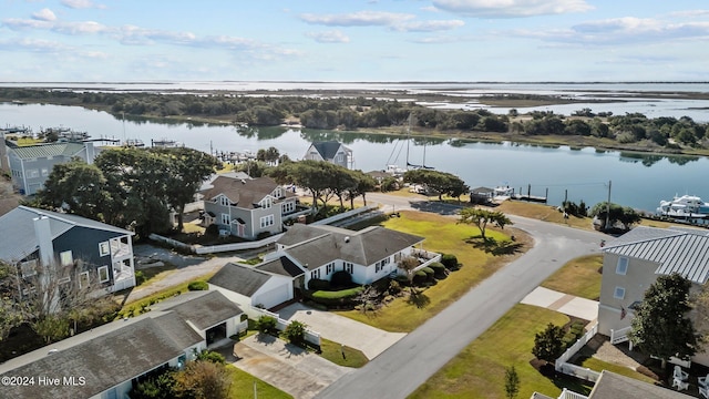 drone / aerial view with a water view