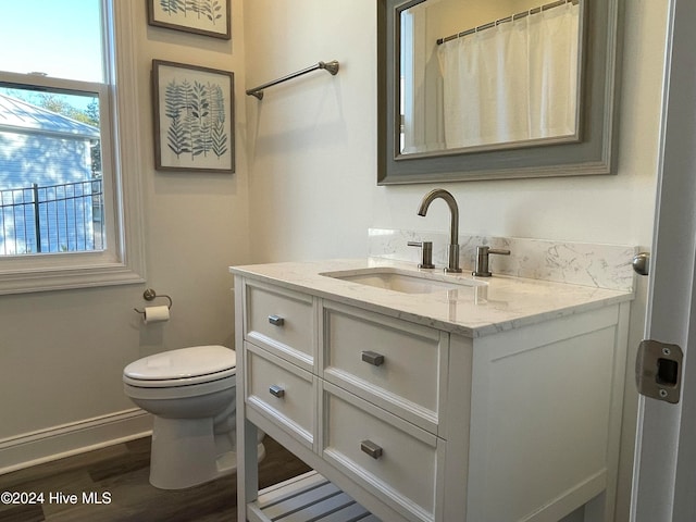 bathroom with wood-type flooring, vanity, and toilet