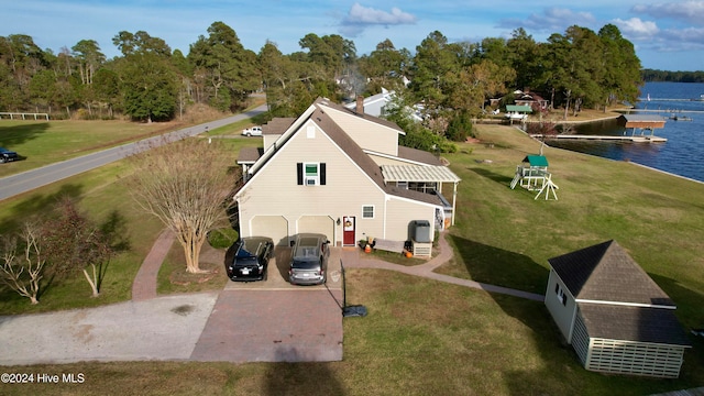 drone / aerial view featuring a water view