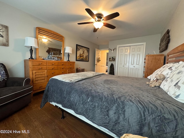 bedroom featuring dark hardwood / wood-style flooring, a closet, and ceiling fan