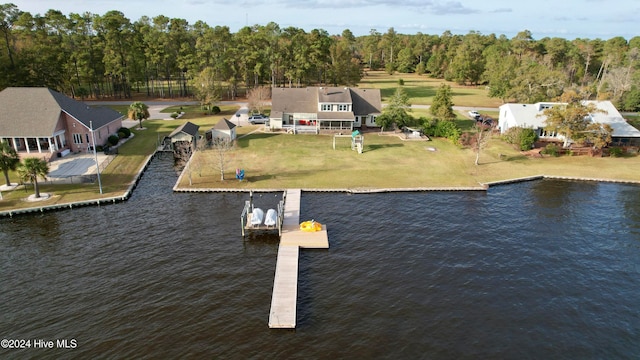 bird's eye view with a water view