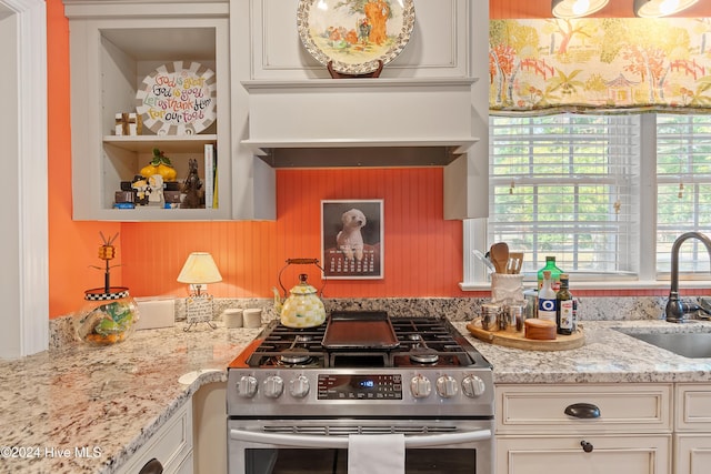 kitchen with sink, a healthy amount of sunlight, light stone counters, and gas range