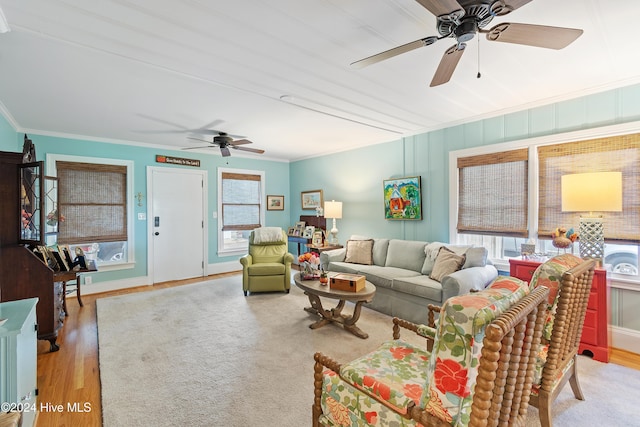 living room with ceiling fan, light wood-type flooring, and crown molding