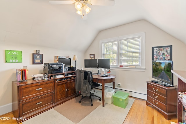 office featuring ceiling fan, light hardwood / wood-style flooring, and lofted ceiling