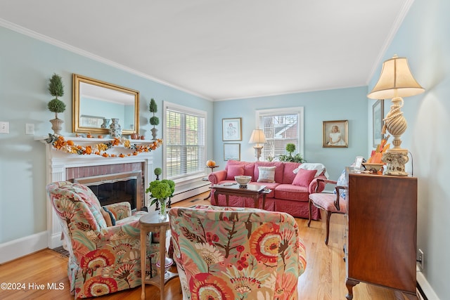 living room featuring a baseboard heating unit, light wood-type flooring, a fireplace, and crown molding