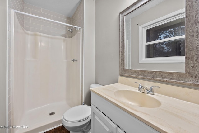 bathroom with vanity, toilet, and walk in shower