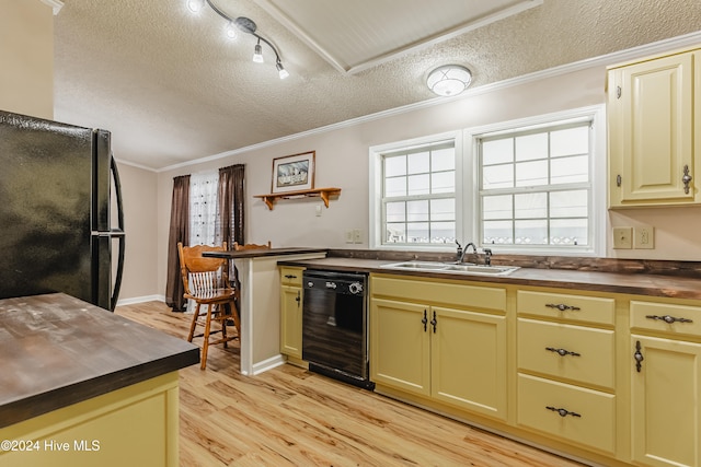 kitchen with black appliances, sink, light hardwood / wood-style flooring, ornamental molding, and a textured ceiling