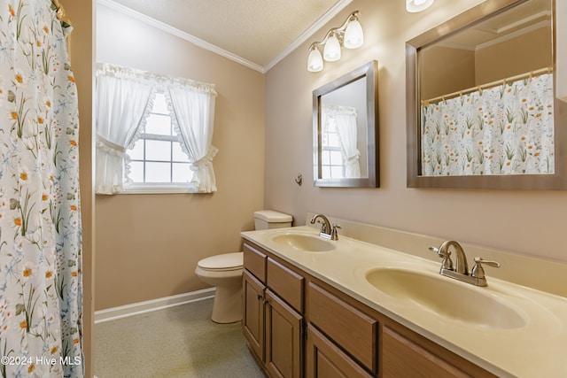 bathroom featuring vaulted ceiling, toilet, a textured ceiling, vanity, and ornamental molding