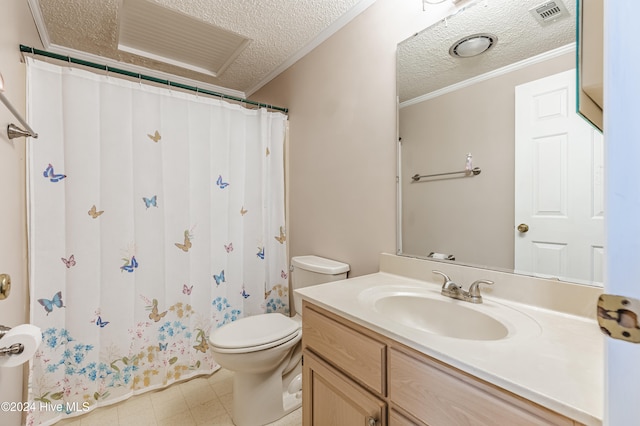 bathroom with crown molding, vanity, a textured ceiling, and toilet