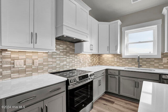 kitchen featuring decorative backsplash, gray cabinets, stainless steel range with electric cooktop, and sink