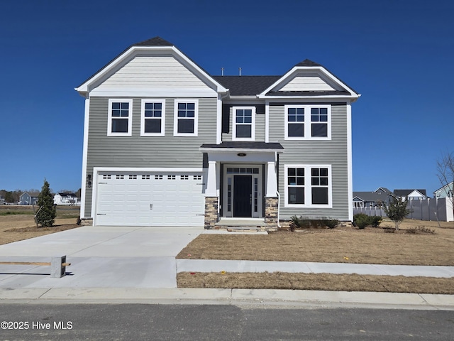 craftsman house with a garage, driveway, roof with shingles, and stone siding