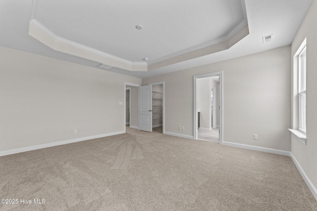 unfurnished bedroom with crown molding, carpet, and a raised ceiling