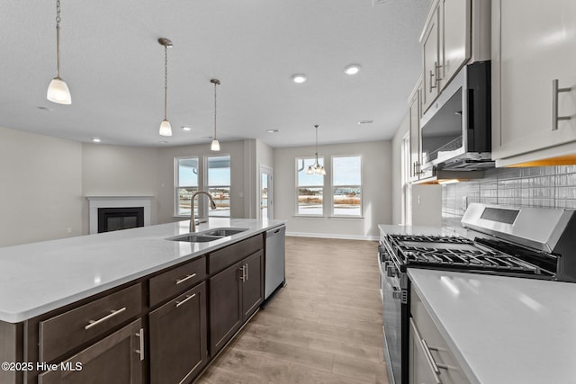 kitchen with a sink, appliances with stainless steel finishes, dark brown cabinetry, and light countertops