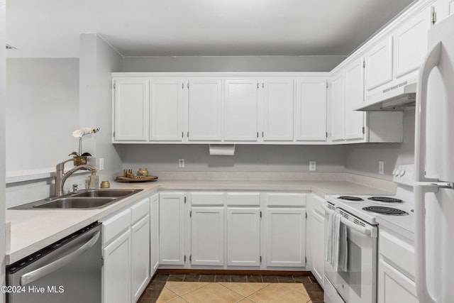 kitchen with sink, light tile patterned floors, exhaust hood, white cabinetry, and white appliances