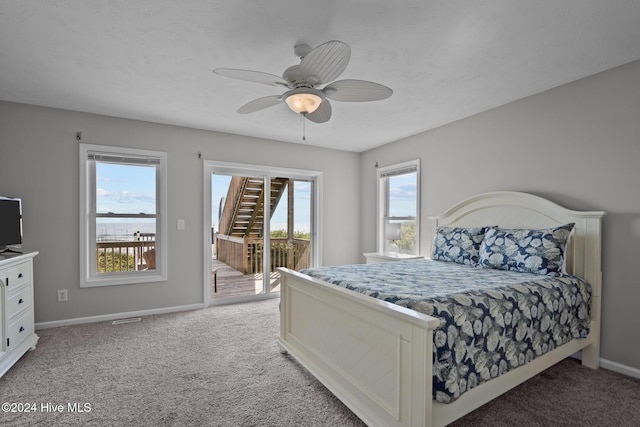 bedroom featuring ceiling fan, access to exterior, baseboards, and light carpet