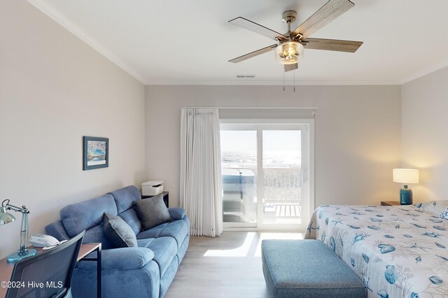 1796 New River Inlet Rd, North Topsail Beach, NC 28460 - bedroom featuring access to outside, light wood-style flooring, ornamental molding, and ceiling fan