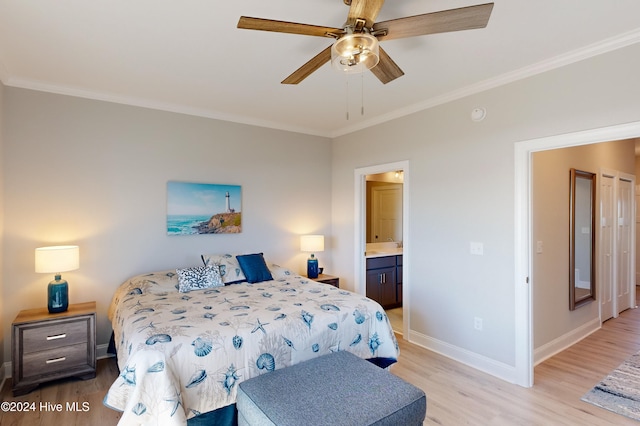 bedroom featuring ensuite bath, crown molding, ceiling fan, and light hardwood / wood-style flooring