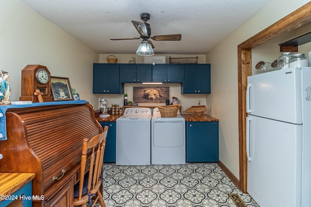 laundry area with ceiling fan, a textured ceiling, and washer and dryer