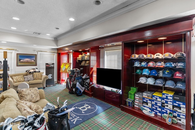 carpeted living room featuring a textured ceiling and ornamental molding