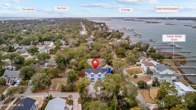 drone / aerial view with a water view