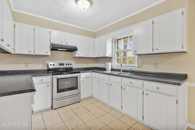 kitchen featuring white cabinetry, a textured ceiling, crown molding, and stainless steel electric stove